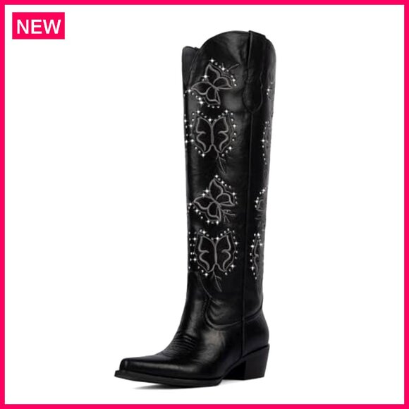 Knee High Cowboy Boots with Rhinestone Butterfly Embroidery Chunky Heel Slip On - Picture 4 of 7